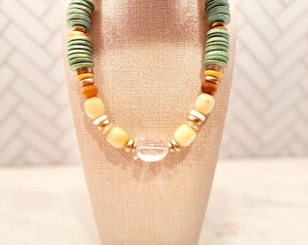 Aventurine Quartz crystal aqua coconut beads with honey jade and Ashanti beaded gemstone Necklace | Chunky statement stacking necklace