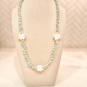 Handmade green football shaped Java glass Bead with white porcelain flower beads and gold saucer beads | Chunky Statement | Gifts for Her