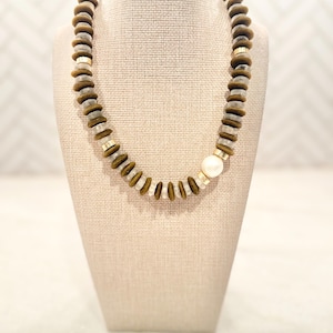 Handmade tan brown beige Ashanti Glass & white recycled glass with freshwater pearl beaded Necklace | African Trade Bead |Statement layering