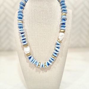 Handmade blue Ashanti Glass Bead & baroque freshwater pearl bead necklace | African Trade Bead | Chunky Statement | Gifts for Her