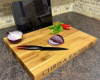 Personalised Oak chopping board with tablet holder