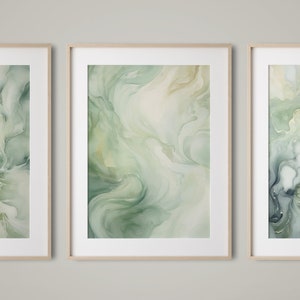 Sage Green Wall Art, Triptych Wall Art, Fluid Art, Aura Wall Art, Aura Prints, Wall Art Set of 3, Alcohol Ink Painting, 3 Piece Wall Art