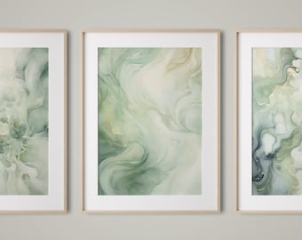Sage Green Wall Art, Triptych Wall Art, Fluid Art, Aura Wall Art, Aura Prints, Wall Art Set of 3, Alcohol Ink Painting, 3 Piece Wall Art