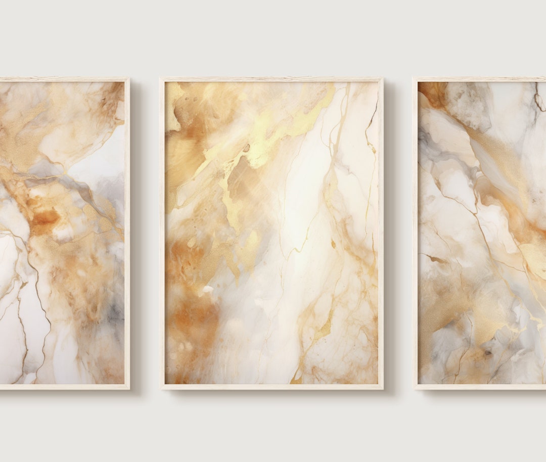 Beige & Gold Marble Set, Triptych Wall Art, Set of Three Prints, Wall Art Set of 3, Marble