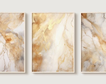 Beige & Gold Marmor Set, Triptychon Wandkunst, 3er Set Drucke, Wandkunst 3er Set, Marmor Design Drucke, 3 Stück Wandkunst, 3 Panel Wandkunst