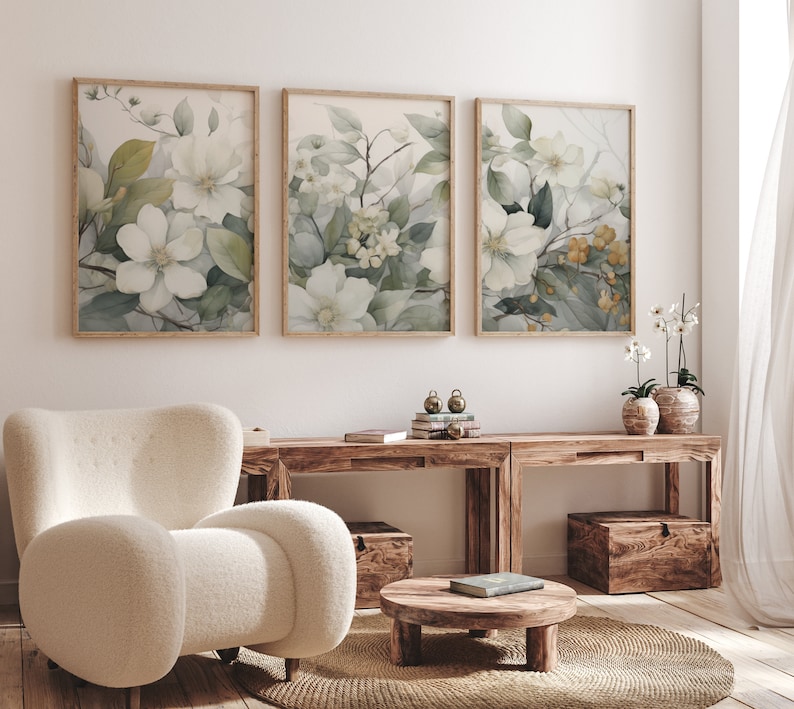 Salviagrön botanisk set om 3, Triptyk väggkonst, Väggkonst i 3 paneler, Väggkonst i 3 delar, Set med tre tryck, Väggkonst i set om 3, Panorama-set bild 6