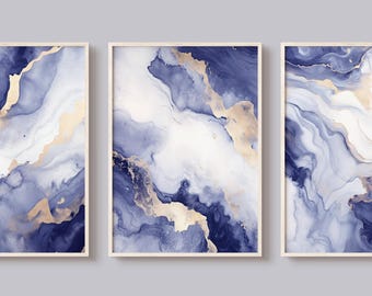 Blau & Gold Marmor Set, Triptychon Wandkunst, Set mit drei Drucken, Wandkunst 3-er Set, Marmor Design Prints, 3-teilige Wandkunst, 3 Panel Wandkunst