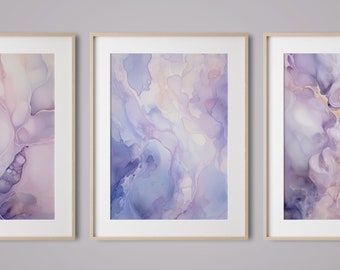 Purple Aura Set No.1, Triptychon Wandkunst, Fluid Art, Aura Wandkunst, Aura Drucke, Wandkunst Set von 3, Alkoholtintenmalerei, 3 Stück Wandkunst