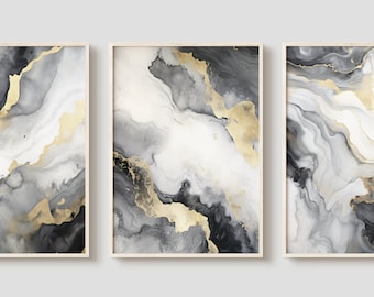 Schwarz & Gold Marmor Set, Triptychon Wandkunst, 3er Set Drucke, Wandkunst 3er Set, Marmor Design Drucke, 3 Stück Wandkunst, 3 Panel Wandkunst