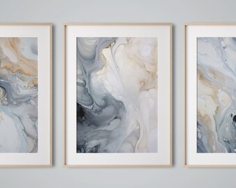 Gray Aura Set No. 1, Triptych Wall Art, Fluid Art, Aura Wall Art, Aura Prints, Wall Art Set of 3, Alcohol Ink Painting, 3 Piece Wall Art