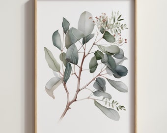 Eukalyptus botanische Wandkunst, Aquarell druckbare Wandkunst Dekor, neutrale Töne Kunstdruck, digitaler Download, digitaler Download Kunst