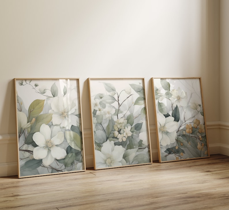 Salviagrön botanisk set om 3, Triptyk väggkonst, Väggkonst i 3 paneler, Väggkonst i 3 delar, Set med tre tryck, Väggkonst i set om 3, Panorama-set bild 2