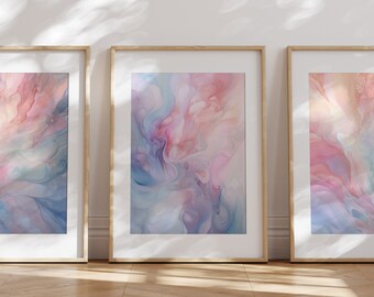 Pink and Blue Aura Triptych, Set of 3 Wall Art, Fluid Art Prints, Aura Wall Art, Wall Art Set of 3, Alcohol Ink Paintings, 3 Piece Wall Art