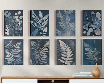 Cyanotype Print Set, 8 Image Set, Digital Print Download, Botanical Wall Art Prints, Flowers Wall Art, Fern Prints, Custom Gallery Art Print