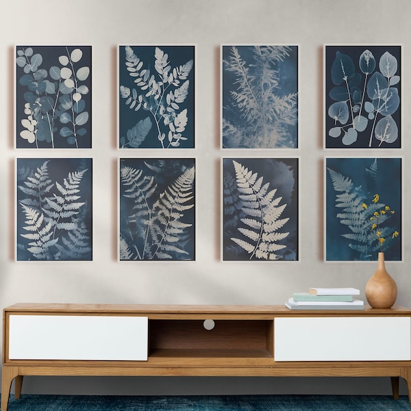 Cyanotype Print Set, 8 Image Set, Digital Print Download, Botanical Wall Art Prints, Flowers Wall Art, Fern Prints, Custom Gallery Art Print