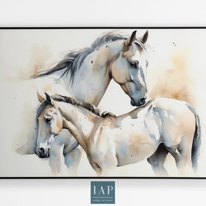 Ethereal Mother Horse Wall Art Print, Instant Digital Download, Elegant Nursery Horse Display, White Horse Beauty Graceful Mother&#39;s Day Gift