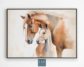 May include: A watercolor painting of a brown horse and her foal. The horse is looking down at her foal, who is looking up at her. The painting is done in a soft, muted palette of browns and tans.