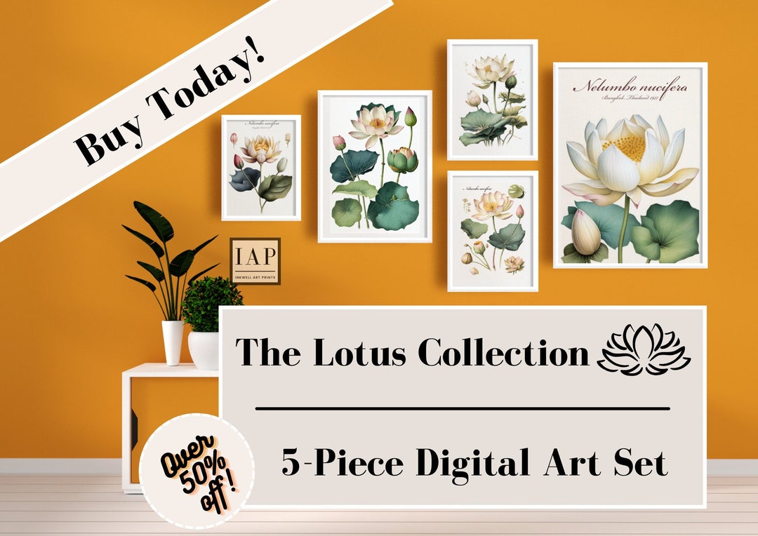 Lotus Flower Wall Art Set, 5 Image Digital Download Prints, Custom ...