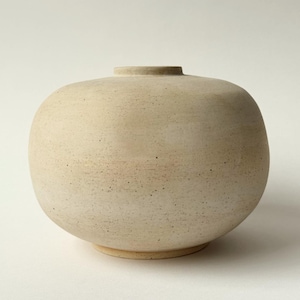 Może przedstawiać: Beżowy ceramiczny wazon o zaokrąglonym korpusie i małej, cylindrycznej szyi. Wazon ma nakrapianą fakturę i stoi na okrągłej podstawie. Neutralny kolor i prosty design sprawiają, że jest to wszechstronny element dekoracyjny.