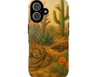 May include: A phone case depicting a desert scene with a coiled snake, a lizard, cacti, and desert plants. The case has a yellow and brown colour scheme, with a detailed illustration of the desert scene.
