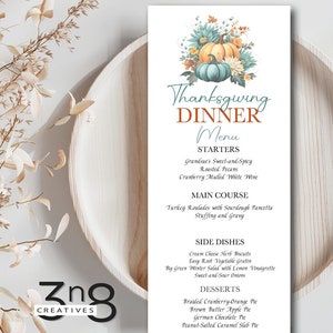 Plantilla editable para menú de cena de otoño, diseño de menú de Acción de Gracias con calabaza y hojas de otoño para tarjeta imprimible personalizable de Acción de Gracias