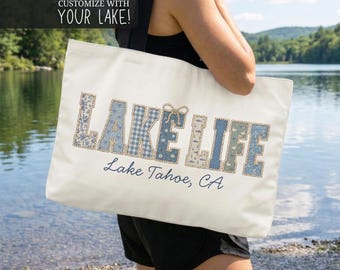 Custom Lake Life Tote Bag, Personalized Lake House Gift, Girly Lake Vacation Bag, Girls Weekend Boat Bag, Custom Lake Name Boating Bag