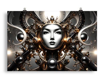 Futuristic Goddess Portrait Print: Gold Mechanical Cyborg Face Poster