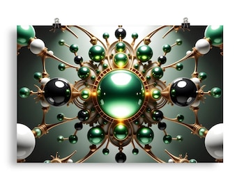 Green Gold Abstract Sphere Print | Emerald Copper Geometric Molecular Poster