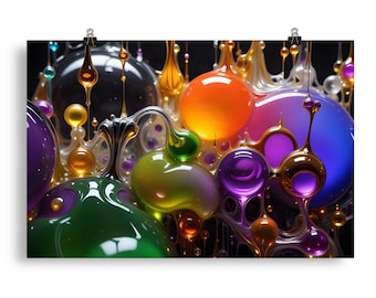 Purple Green Gold Liquid Glass Wall Art Print | Jewel Tone Melting Sphere Poster | Vibrant Fluid Abstract Decor | Surreal Drip Art