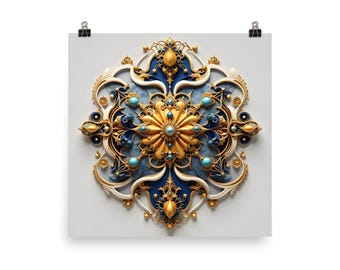 Gold Blue Mandala Wall Art Print | Ornate Sacred Geometry Poster
