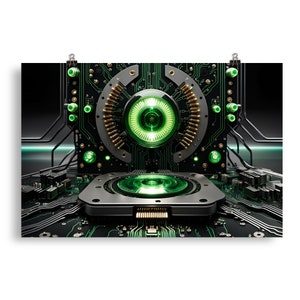 May include: A futuristic, abstract design with a green glowing eye in the centre of a circuit board. The eye is surrounded by gold-coloured pins and a black and silver frame. The circuit board is surrounded by a black background.