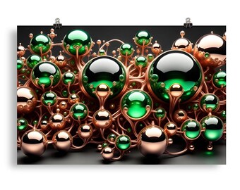 Emerald Copper Molecular Wall Art Print | Glossy Sphere Cluster Poster | Rose Gold Green Abstract Decor | Organic Bubble 3D Art
