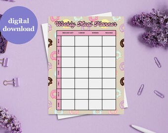 Planificador de preparación de comidas Kawaii Donuts Lover para la recuperación de la disfunción eréctil imprimible para trastornos alimentarios Planificadores semanales Descarga digital Recuperación de la disfunción eréctil imprimible