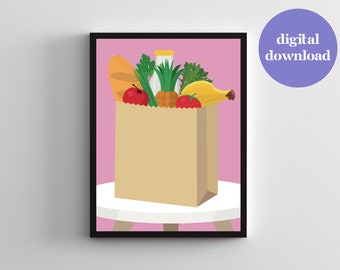 Decoración de la cocina Arte de la pared para la recuperación de trastornos alimentarios Arte de la pared de la cocina Decoración del comedor para los trastornos alimentarios Bolsa de comestibles Impresión de arte