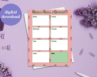 Planificador de comidas semanal con patrón de fresa para la recuperación de trastornos alimentarios Planificador de comidas Recuperación de la disfunción eréctil Archivos PDF imprimibles para trastornos alimentarios de salud mental