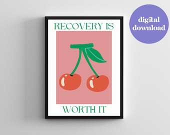 Póster con patrón de estampado de cerezas para la recuperación de trastornos alimentarios, arte de pared para la recuperación de la disfunción eréctil, mercado de frutas, cerezas, trastornos alimentarios digitales, impresión artística