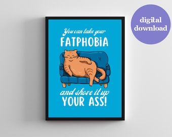 Fat Cat Art Print voor eetstoornissen herstel lichaam positieve print voor kattenliefhebber ongeordend eten lichaam positieve poster ED herstel decor