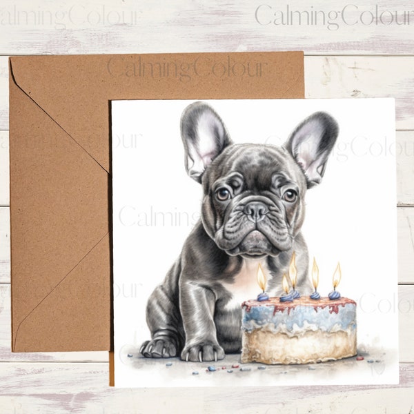 Französische Bulldogge Grußkarte | Geburtstagskarte | Karte für Hundeliebhaber | Einzelkarte, unbedruckt auf der Innenseite.