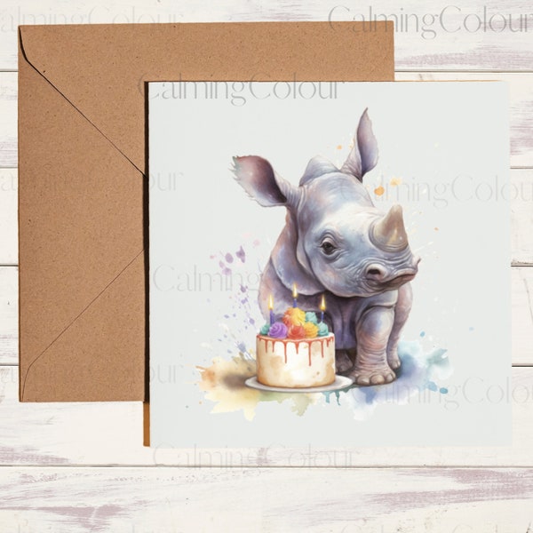 de voeux de rhinocéros | carte d'anniversaire | carte pour amateur de rhinocéros | Carte unique, vierge à l'intérieur