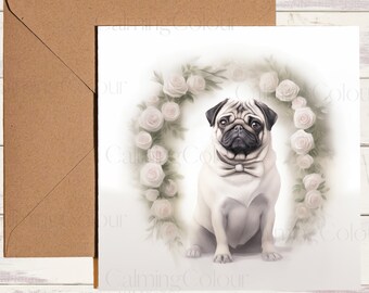 Tarjeta de boda Pug / Tarjeta de boda para perros / Tarjeta única, en blanco por dentro.