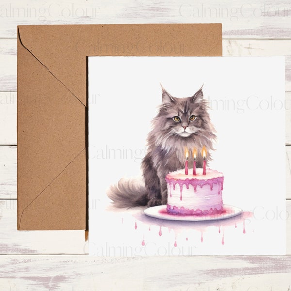 Maine Coon Cat Birthday Card | Card for Cat lover | Single card, blank on the inside.