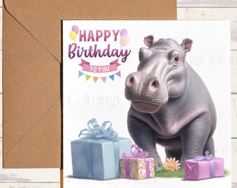 carte d'anniversaire hippopotame | Carte pour amateur d'hippopotames | Carte unique, vierge à l'intérieur.