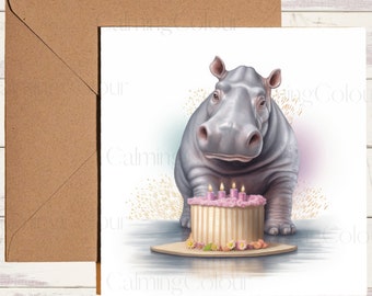 carte d'anniversaire hippopotame | Carte pour amateur d'hippopotames | Carte unique, vierge à l'intérieur.