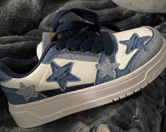 Blue Star Denim Sneakers: Unisex Vintage Skate Shoes