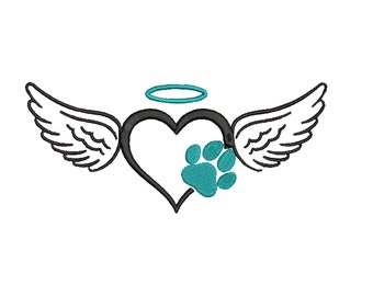 May include: A black heart with a turquoise paw print inside, surrounded by white wings and a turquoise halo above.