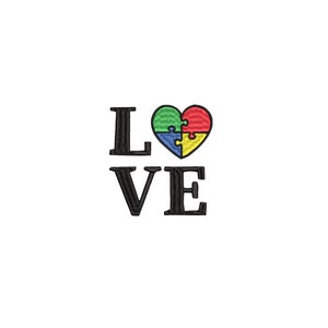 May include: Black text spelling "LOVE" with a red, yellow, blue, and green puzzle piece heart in the centre.