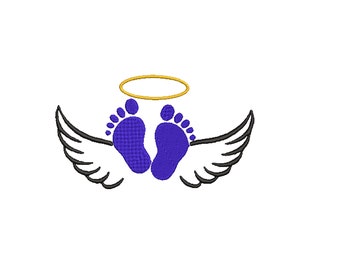 May include: Purple baby footprints with a gold halo and black angel wings.
