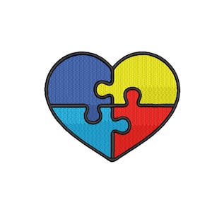 May include: A heart-shaped patch composed of four puzzle pieces in blue, light blue, yellow, and red. The pieces are outlined in black, and the background is white.