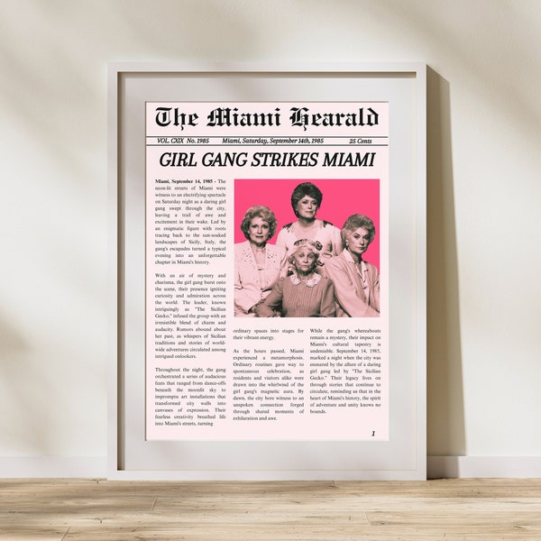 Golden Girls Print | Golden Girls Newspaper Art | Golden Girls Wall Decor | Golden Girls Gifts | Golden Girls TV Show | Eclectic Home Decor