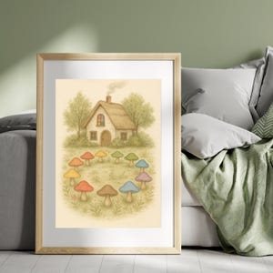 Cottagecore Mushroom House Art Print: Whimsical Pastel Wall Decor (Digital Download)